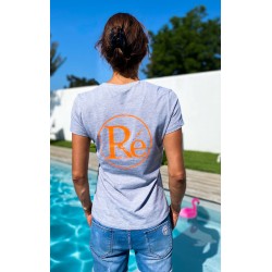 Tee shirt col V femme gris logo orange fluo