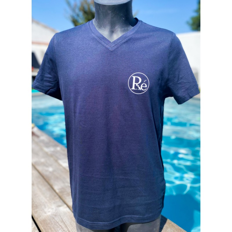 Tee-shirt col V homme bleu marine avec logo blanc