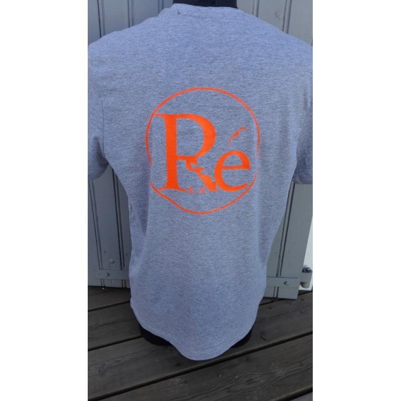 Tee-shirt homme col V gris avec logo orange fluo