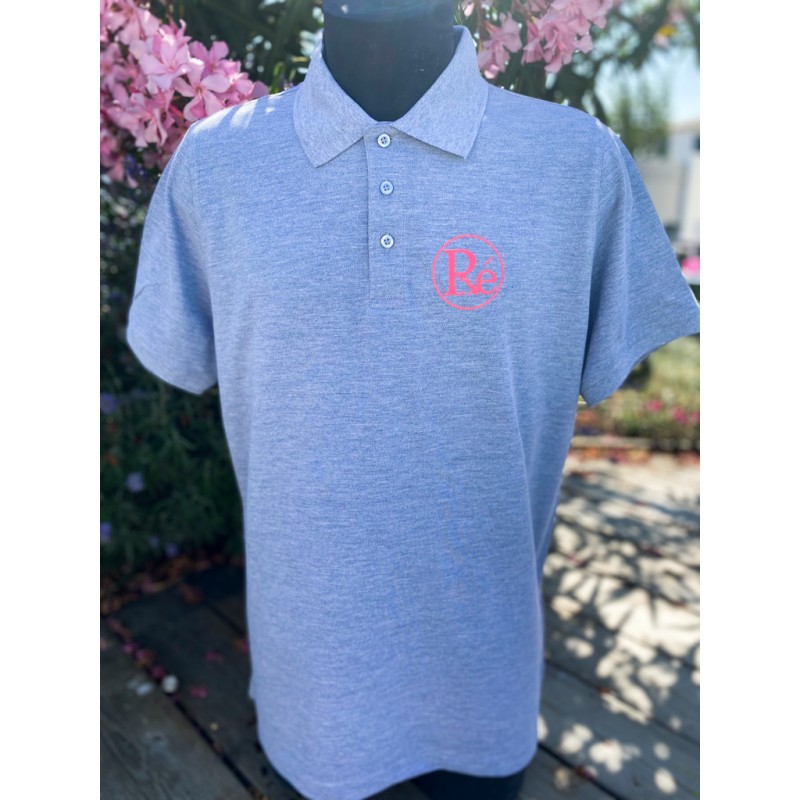 Polo homme gris avec logo rose fluo